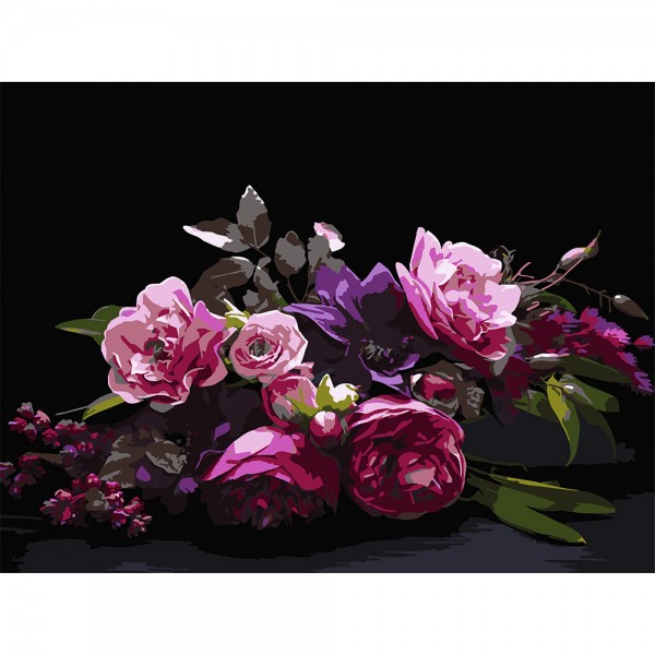 246758 Картина за номерами Strateg Квіткова гармонія на чорному фоні 30Х40 (FH-41)