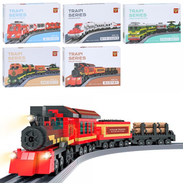 249208 Конструктор JK801-2-3-4-5-6  поїзд, від 578дет, 6 видів, в кор-ці, 25-16-5см