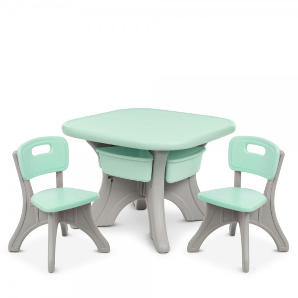 102720 Столик NEW TABLE-5 69-69-50 см., 2 стільчика 34-33-50 см., пластик, бежево-м'ятний.