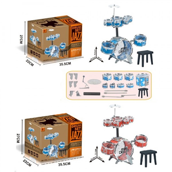 151406 Барабанна установка 884-17-19 барабан 6 шт., стільчик, палочки, 2 кольори, кор., 36-27-22 см.