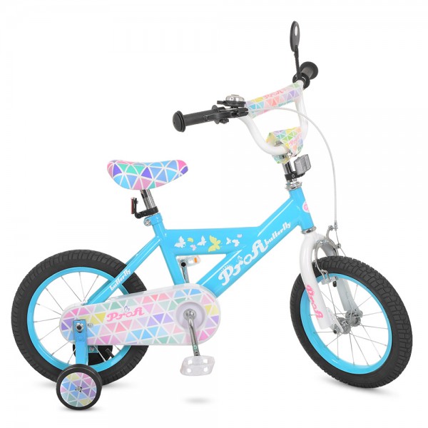 51133 Велосипед дитячий PROF1 14 д. L14133 Butterfly 2, дзвінок, дод. колеса, блакитний.