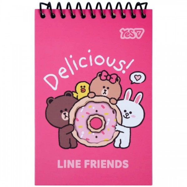 251601 Блокнот Yes 100x150 мм, 60 арк. пласт. спіраль "Line Friends Donut" з фігурною висічкою, клітинка