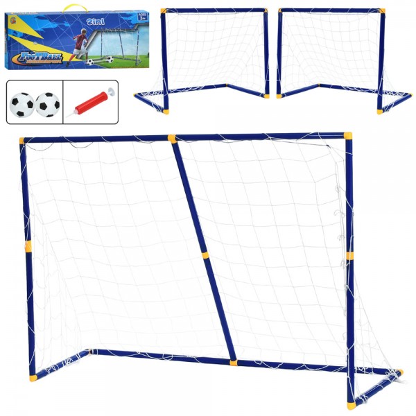 247816 Футбольні ворота MR 1534 (12шт) 2в1 (1шт 138-45,5-в100см, 2шт 73,5-45,5-в55,5см), сітка 3шт, насос, м'яч 2шт,в кор-ці, 66-25-5см