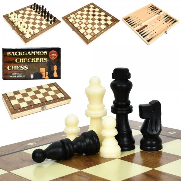 247727 Шахи A0067 дерев'яні, 3в1(нарди, шашки), фігури дерев'яні, кор., 34-18-3.5 см.
