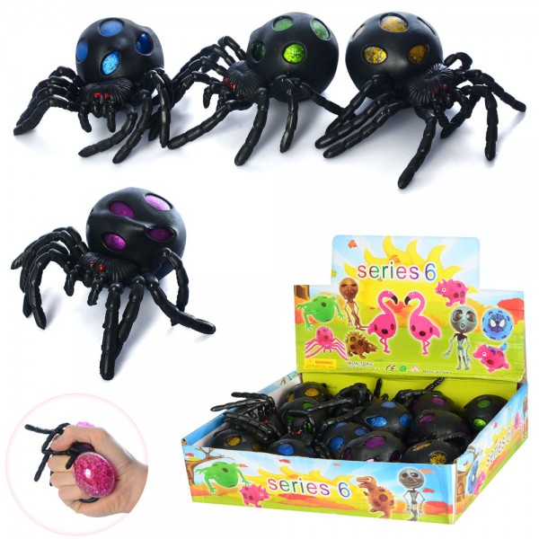 73673 Іграшка MS 2065 павук, антистрес, виноград, гліттер, 12 шт. (4 кольори) в диспл., 26-21-7 см.