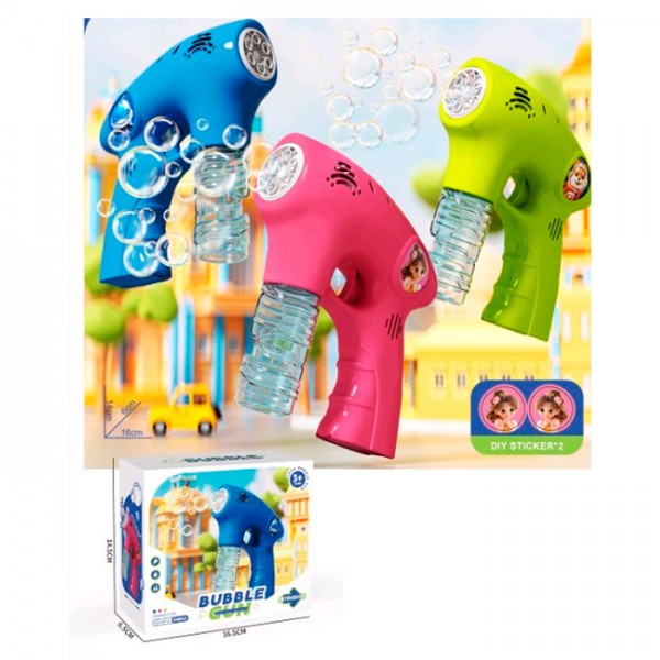 247574 Мильні бульбашки KL93008Y-1 (60шт) пістолет, 16см, запаска 8,5см, 3 кольори, на бат-ці, в кор-ці, 17-14,5-6,5см