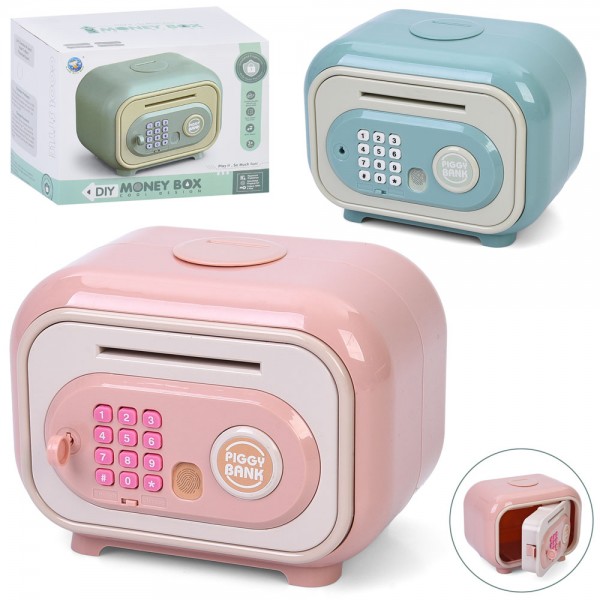 244201 Скарбничка MK 5727 сейф з кодом, 9-14-13см, ключ,затягує купюри,музика,звук,2 кольори,на бат.,в кор.