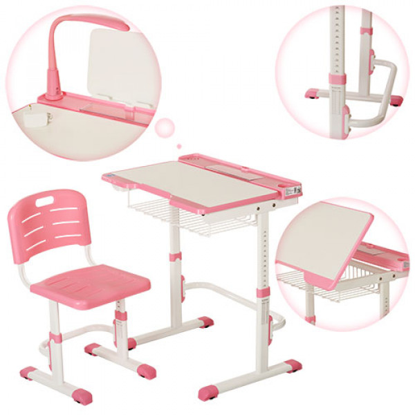 29073 Парта M 3110-8 регулюється висота, нахил, стілець, підставка для книг, рожева