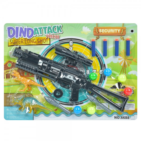 247830 Автомат 6688-45 приціл, кульки 6 шт.,  м'які кулі-присоски 4 шт., динозаври 2 шт., лист, 46-35-4 см.