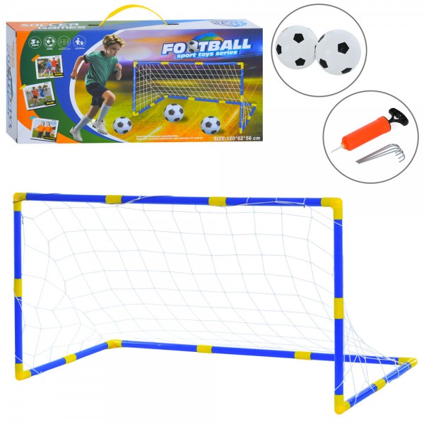 244205 Футбольні ворота MR 1561 120-56-в62см, сітка, м'яч 2шт, насос, в кор-ці, 40-19,5-7,5см