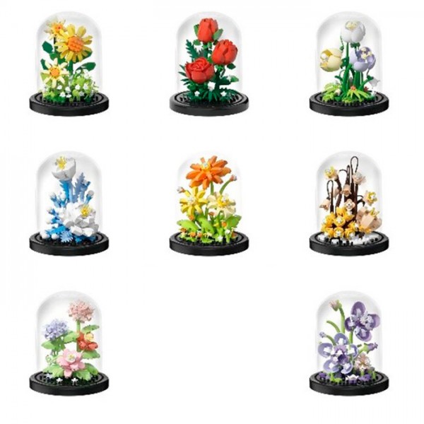 248102 Конструктор 7237-7241/7231-7233 квіти у колбі8,6-8,6-10,5см,від160дет,8видів,в кор-ці,9-11,5-9см