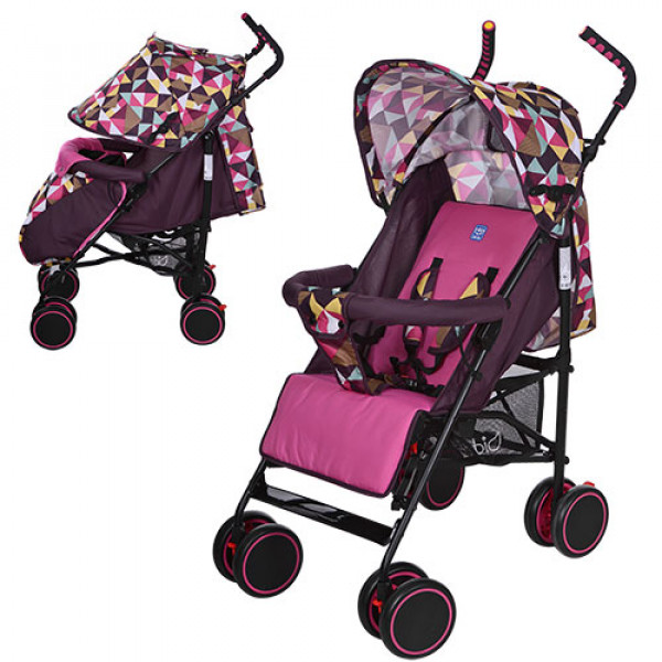 20217 Візок дитячий M 3425-8 прогулянкова, тростина, колеса 4 шт., регул. спинка, ремені безпеки, рожевий