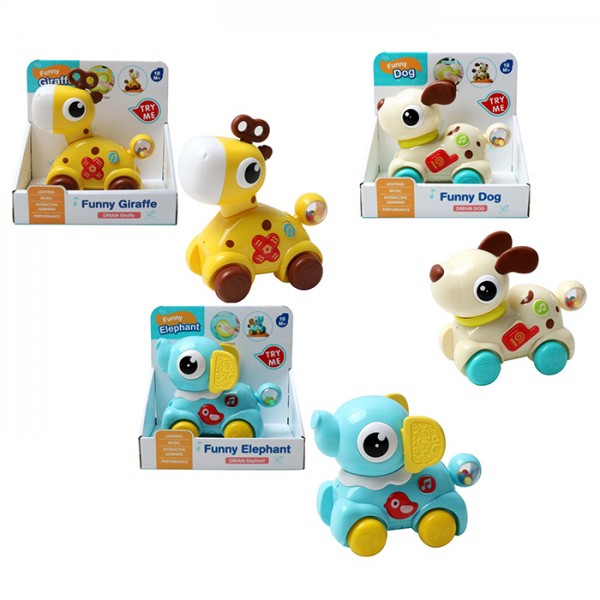 245168 Гра 66005-6-7 тварина на колесах, 15см, рухливий хвіст-тріскачка, 3 види, муз., світло, бат., кор.