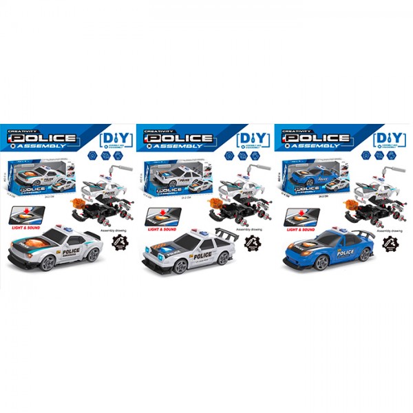 245525 Конструктор 8811-1-2-3 на шурупах,машина 21см,поліція,звук,світло,гайк.ключ,3 види,бат(табл), в кор.