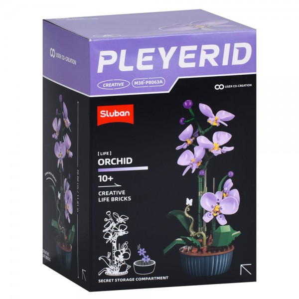 245513 Конструктор SLUBAN M38-P8063A квіти у горщику, орхідеї (бузкові), 30см, в кор-ці, 12,5-19-12см