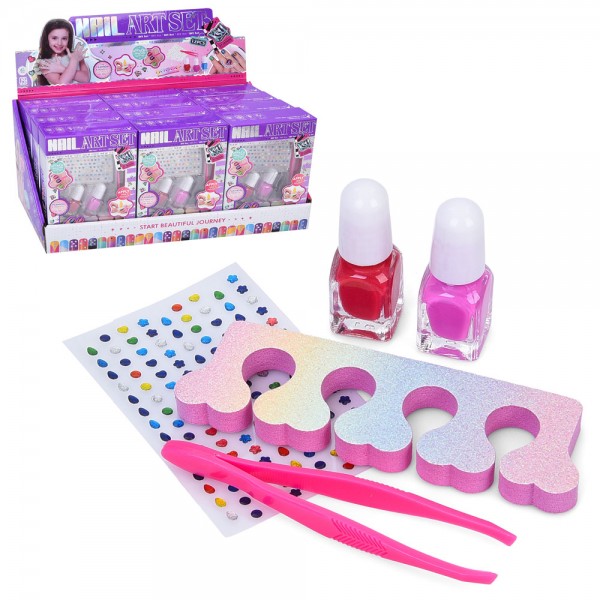 245197 Косметика KSY968-1 (144шт) набір для манікюру, лак 3шт, розділювач для пальців, пінцет, наліпки, в кор-ці, шт в дисплеї, 36-17-15см