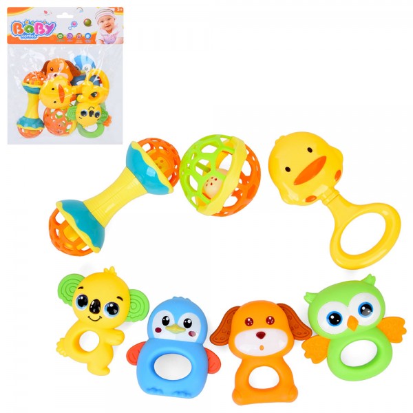 246134 Брязкальце 508-157 набір 7шт. (тварини, м'яч, гиря), від 8см до 13см, прорізувач, кул., 22-26-7см.