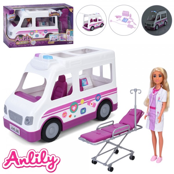 246379 Лялька 636119 лікарка,машина/швидка допомога(муз, світло),каталка медична, мед.інст.,кор.,48-26