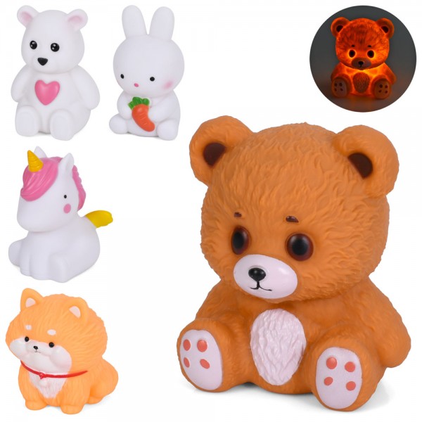 249228 Нічник INT 0036 тварина, світло, від 9-8-7см до 12-7-7см, 5 видів (єдиноріг, заєць,кіт,2 ведм.) кул.