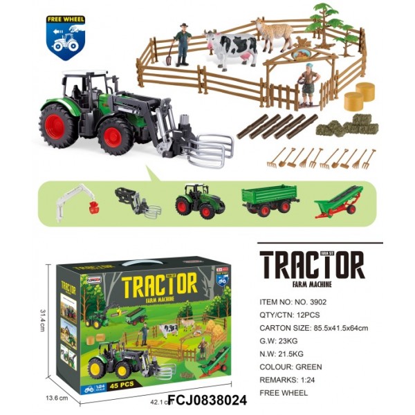 248909 Фермерський набір 3902 трактор, інерц.,причепи 2шт,1:24,фігурка,тварини 2шт,паркан,садові інстр.,кор