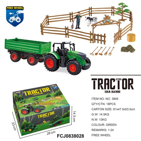 248469 Фермерський набір 3905 1:24,трактор,причеп,паркан,фігурка,корова,дерево,садові інструменти,22пр.,кор