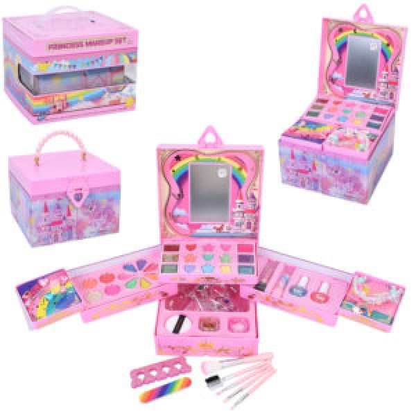 245205 Косметика SR24011-1 (9шт) 3 яруси, 18-18-12см, тіні, набір для манікюру (лак, розділювач для пальців, пилка), помада 2шт, пензлики, корона, прикраси, дзеркало, в кор-ці, 21,5-16,5-21,5см