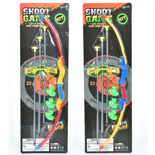 221035 Лук 836C стріли-присоски 3 шт., 3 качки, окуляри, мікс кольорів, лист, 21-66-3 см.