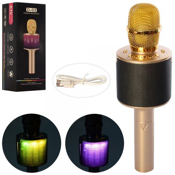 105026 Мікрофон D-03-gold акум., Bluetooth, TFслот, USB, золотий, свтло, кор., 29,5-10,5-9 см.
