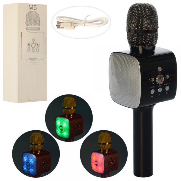 105027 Мікрофон M5-black акум., Bluetooth, TFслот, USB, чорний, світло, кор., 28,5-9,5-8 см.