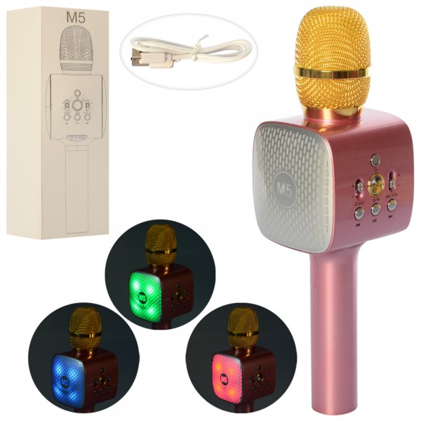 105028 Мікрофон M5-pink акум., Bluetooth, TFслот, USB, рожевий, світло, кор., 28,5-9,5-8 см.