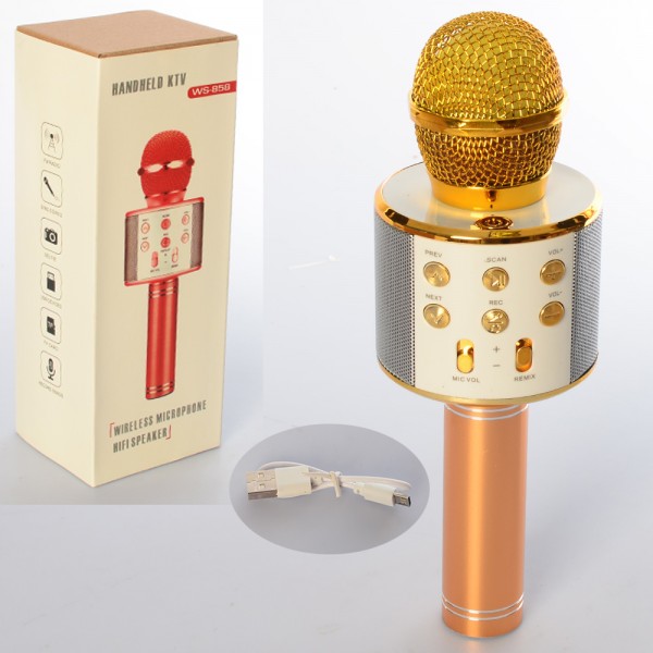 102040 Мікрофон WS858-gold акум., Bluetooth, TFслот, USB, золото, світло, кор., 25-9-8 см.