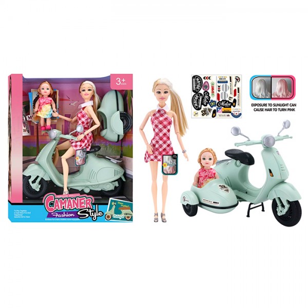 245183 Лялька KQ210C (24шт) 30см, шарнірна, з донькою 11см, мотоцикл (25см, з коляскою), в кор-ці, 27-33-9см