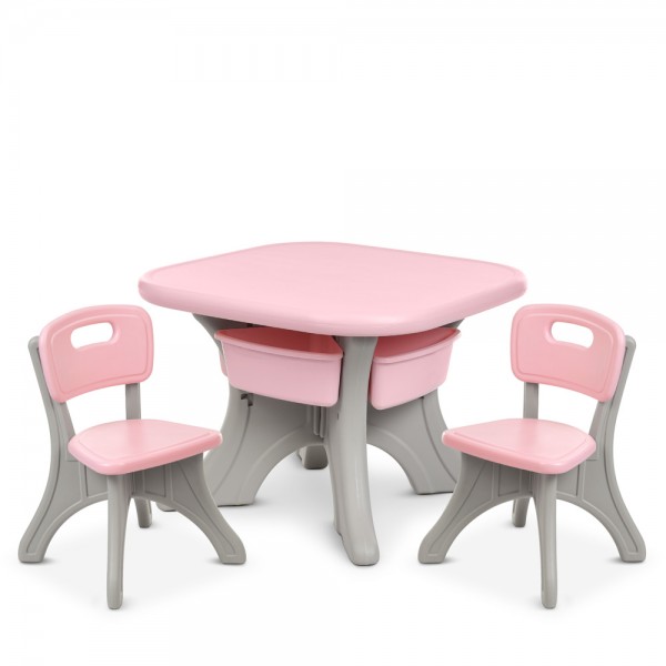 124484 Столик NEW TABLE-8 69-69-50 см., 2 стільчика 34-33-50 см., пластик, сіро-рожевий.