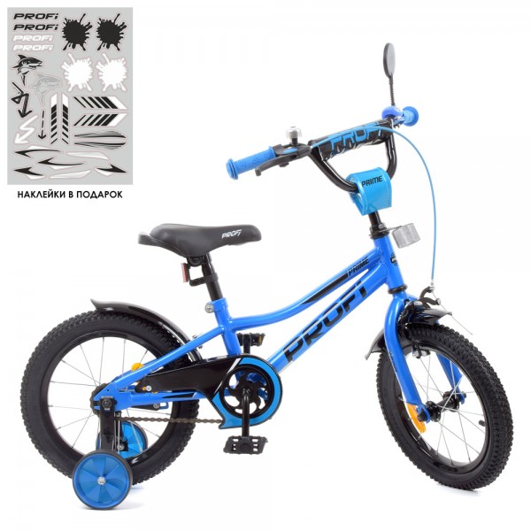 124155 Велосипед дитячий PROF1 14д. Y14223-1 Prime, SKD75, дзвінок, ліхтар, дод. колеса, синій.