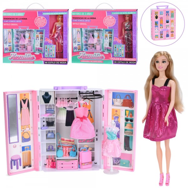 245719 Лялька FD0435-36-38 29см, гардероб/шкаф, 25-33-9см, плаття,взуття,сумки,валіза,манекен,3 види,в кор.