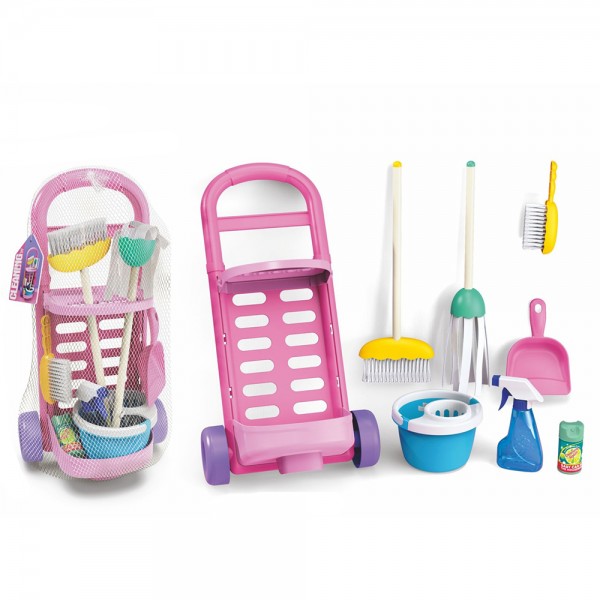 243665 Набір для прибирання XG2011D возик, відро, швабра, щітки, совок, пульверизатор, в сітці, 30-56-19см