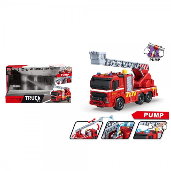 249157 Пожежна машина A1110-20 інерція,1:16,вишка,зв,світ,бризкає водою, гум.колеса.бат.кор. 33-17,5-13см