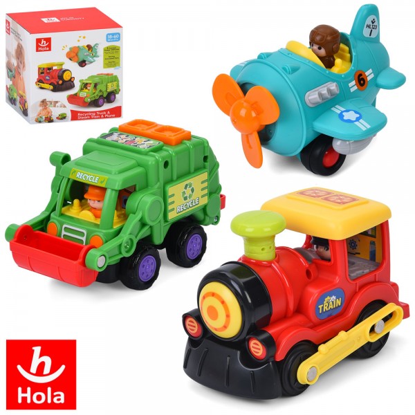 243764 Набір з транспортом HA7871 наб.3шт(сміттєвіз 15см, поїзд 12см, літак 12см), інерц, рух.деталі,в кор.