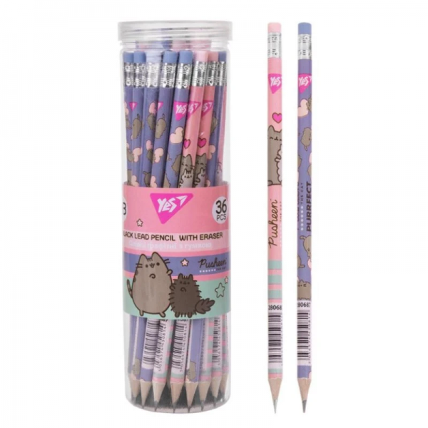 224539 Олівець Yes ч/гр круг. з ласт. в пл. тубі, 36шт/уп "Pusheen" 2 диз. мікс