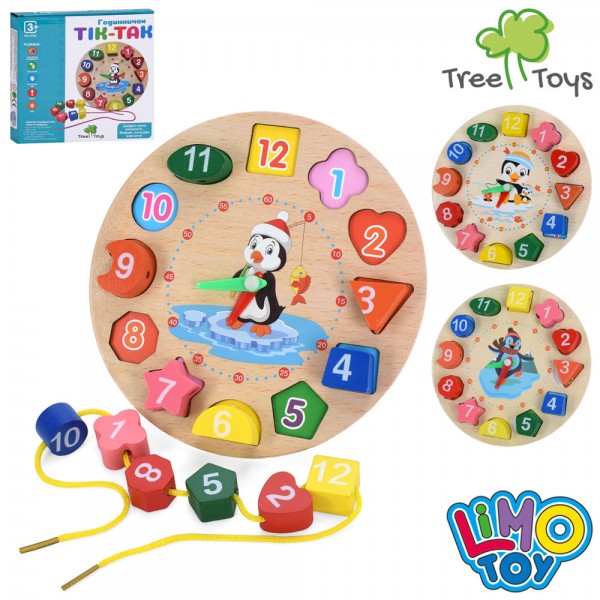 245086 Дерев'яна іграшка Годинник MD 0766 рамка-вкладиш,фігури-цифри,шнурівка,3 види,в кор,18-17,5-2,5см