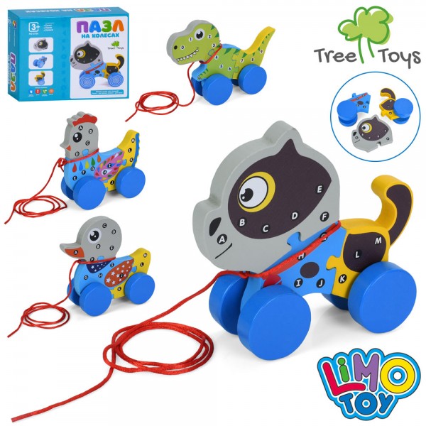 245087 Дерев'яна іграшка каталка MD 0754 Пазл на колесах,тварина/пташка на колесах,4 види, в кор.,20-16-6см