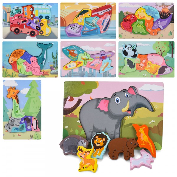 245095 Дерев'яна іграшка Пазли MD 0744 6дет, 6в1, 8 видів(транспорт,тварини,динозаври),у пакеті,22,5-15-1см