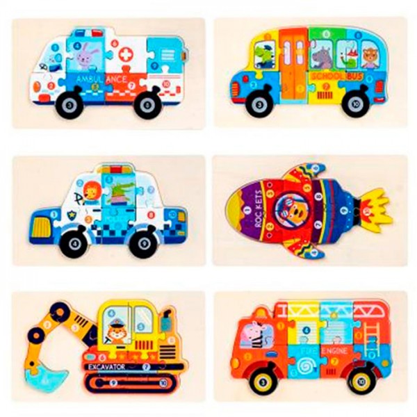 245096 Дерев'яна іграшка Пазли MD 0768 10дет, транспорт, назви англ., 6 видів, у пакеті, 22-13-1см