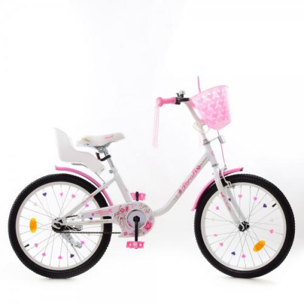 128276 Велосипед детский PROF1 20д. Y2085-1 (1шт) Ballerina,SKD75,бело-розовый,звонок,фонарь, подножка, корзина, сиденье для куклы, в кор-ке