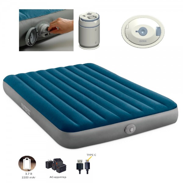 247813 Велюр матрац 64189 надувний, двомісний, вбудований насос (з літій-іон.акум.) USB 152-203-25см,