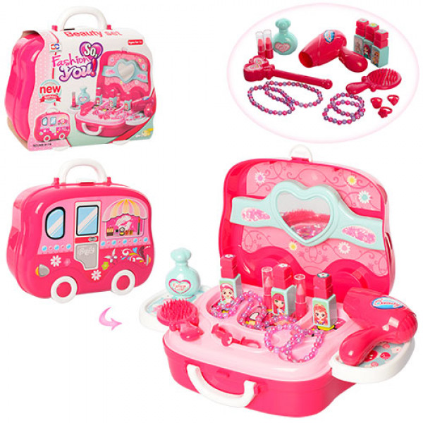 26953 Набір аксесуарів 008-917A фен, дзеркало, флакони, намиста, валіза, 26-21-9 см.