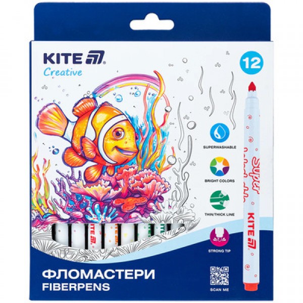 224745 Фломастери, набір 12шт, Kite Creative Superwashable