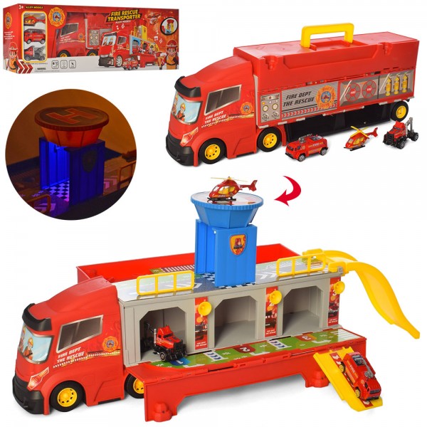 110475 Гараж ZH613 пожежна, трейлер-контейнер, транспорт3шт., муз., світло, бат.(таб.), кор., 56-19-10см.