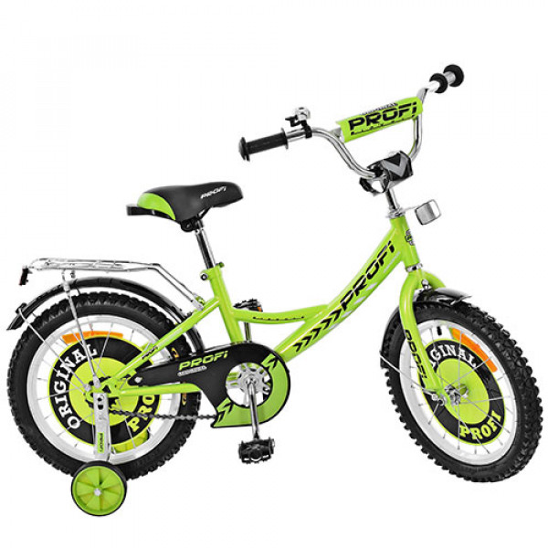 21823 Велосипед дитячий PROF1 G1642 16'', дзвінок, додаткові колеса, салатовий.