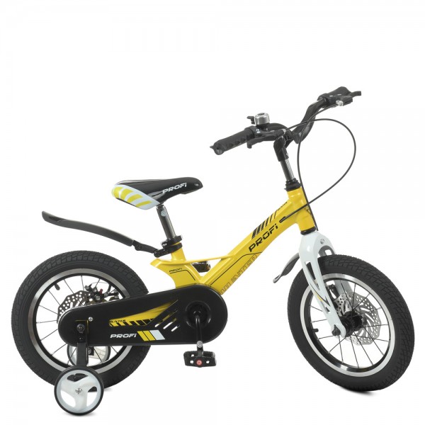 139240 Велосипед дитячий PROF1 14д. LMG14238 Hunter,SKD 85, магн.рама, жовтий, муз., крила, дод.колеса.